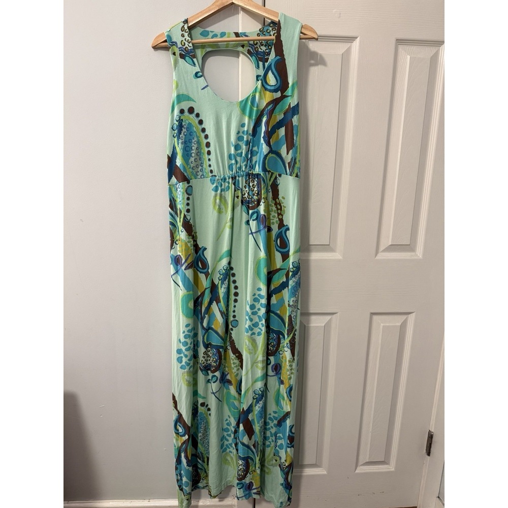 Fresh‎ Produce Maxi Jersey Dress Sz XL Paisley Aquatic Keyhole Pockets Lagenlook